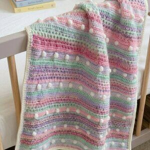 Handmade Crochet  Nursery Bobble Blanket Pink, Purple, White, 40" x 54"